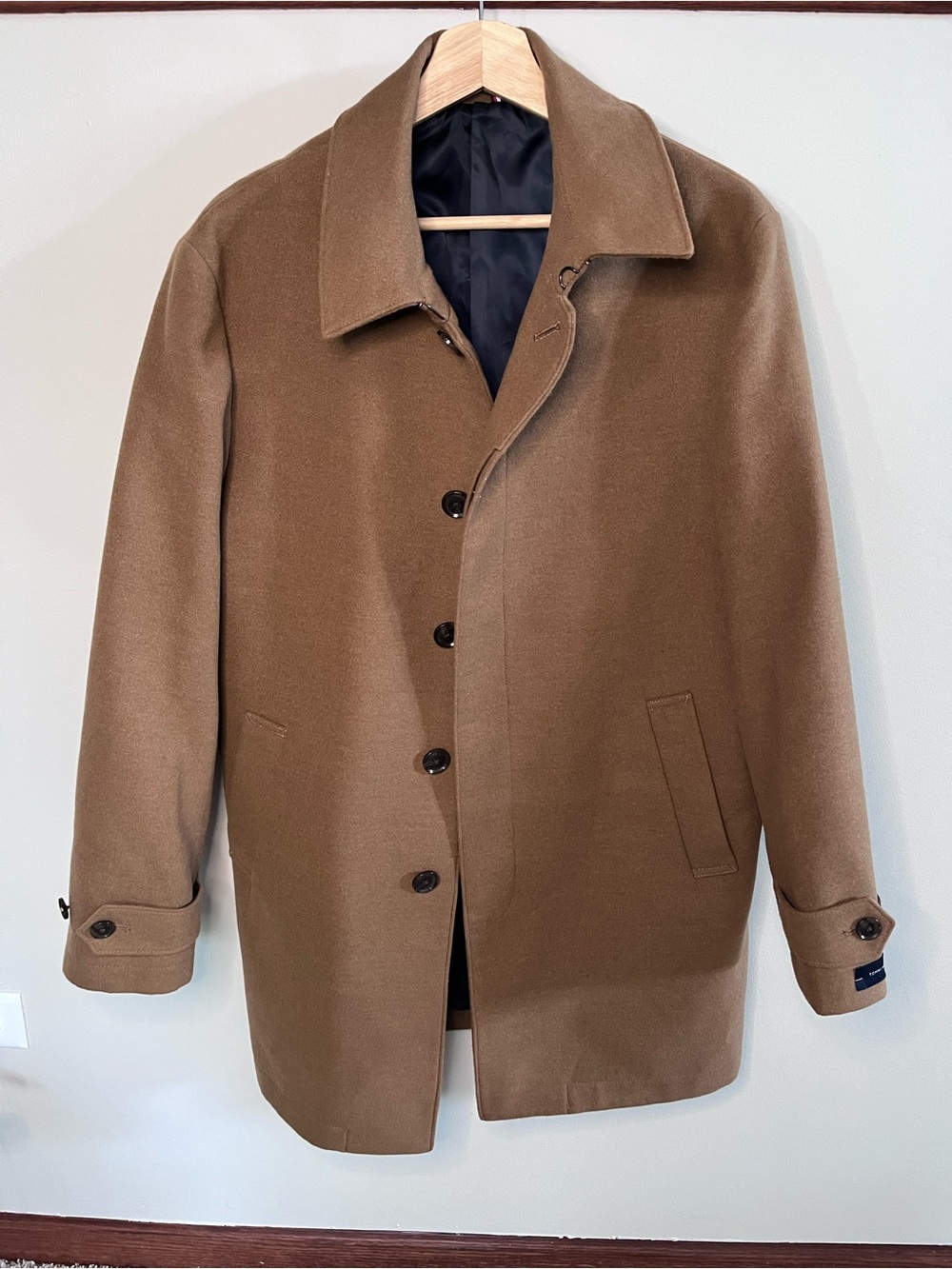 Tommy Hilfiger Mens Camel Tan Wool Blend Car Coat Overcoat Jacket Medium
